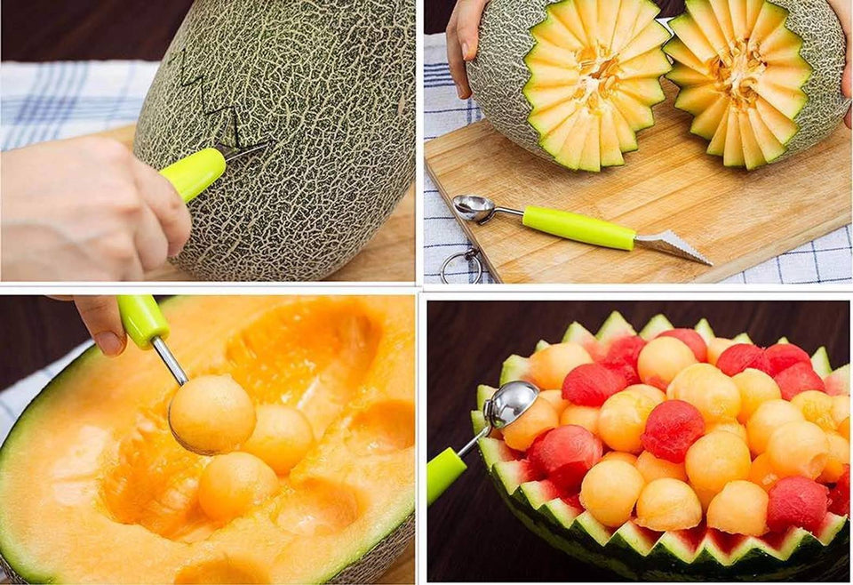2-In-1 Stainless Steel Melon Baller Scoop Fruit  Ice Cream Carving Knife With Spoon (Assorted) - 1 Piece