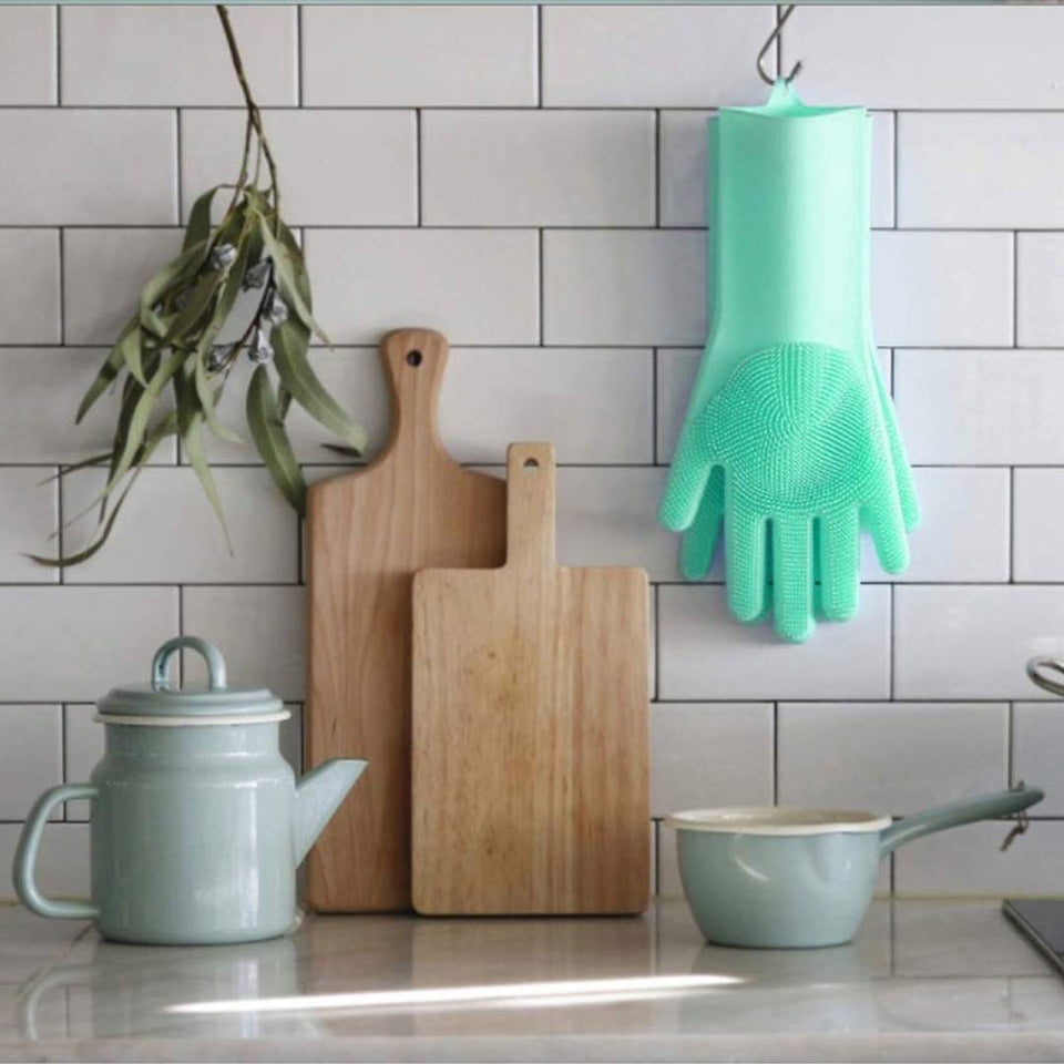 Silicone Dishwashing Gloves - Reusable and Heat Resistant Cleaning Rubber Mittens with Scrubber for Washing Dishes, Fruits, Vegetables