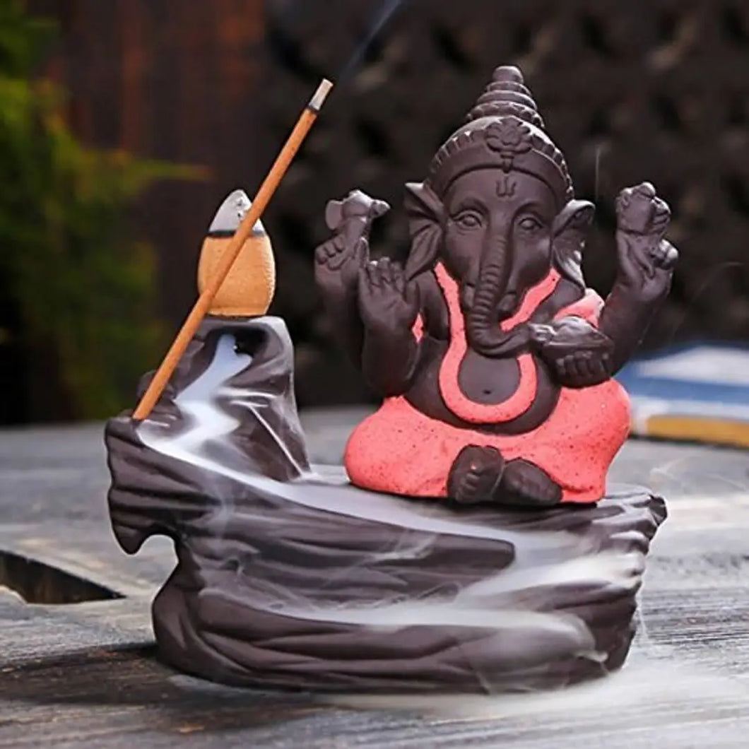 Ganesha Emblem Auspicious and Success Cone Backflow Fountain Polyresin Incense Burner with 10 Backflow Scented Cone Incense, Home Decor with Cones (Pink)