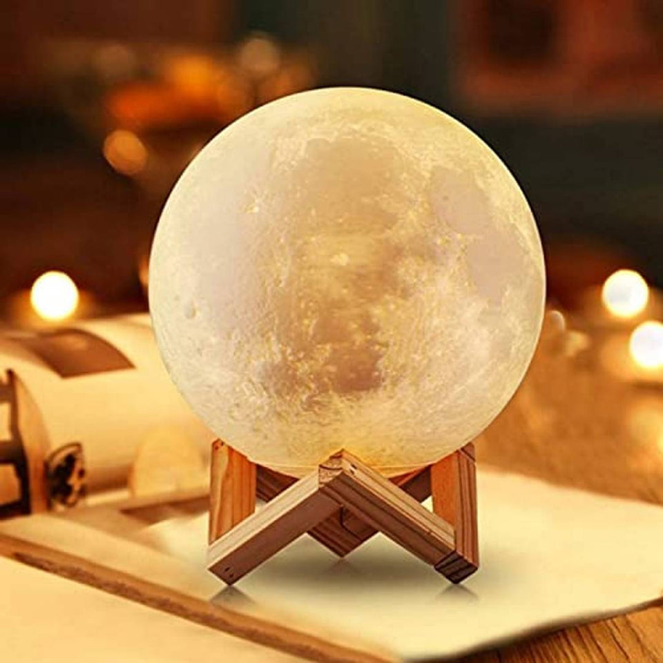 Cambik 7 Color Rechargeable Moon Lamp with Wooden Stand for Bedroom Lights, Adults and Kids, Home Room, Beautiful Indoor Lighting (15 cm (Rechargeable))